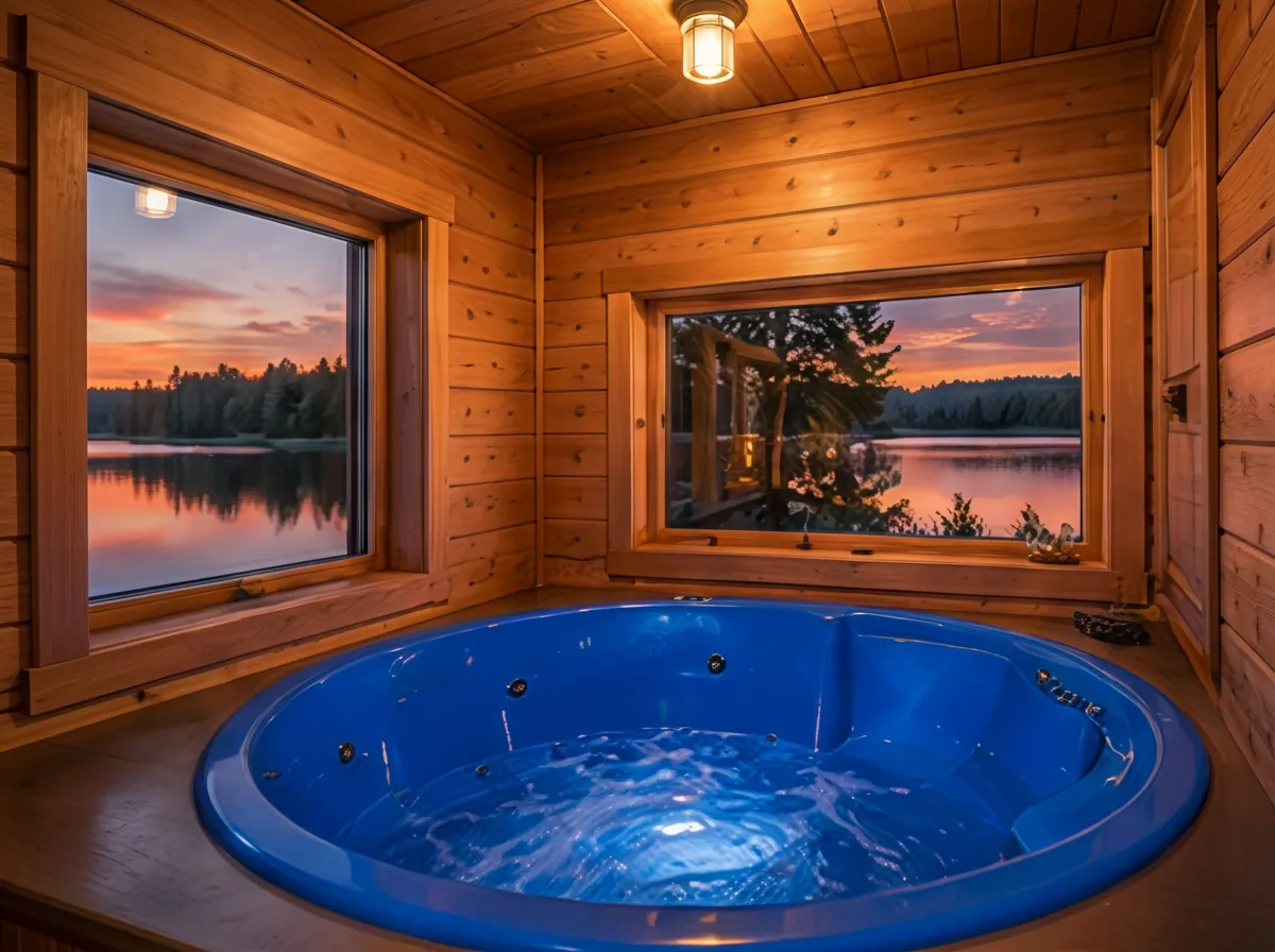 Kompakte rund geformte blaue Jacuzzi-Poolwanne im Holzaufbau